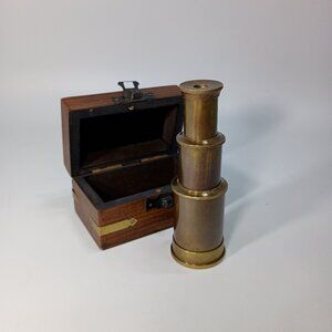 Antique Brass & Glass Mini Telescope w/Wooden Box, Hand Made